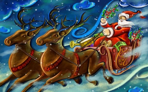 Papá Noel en el trineo con sus buenos renos
